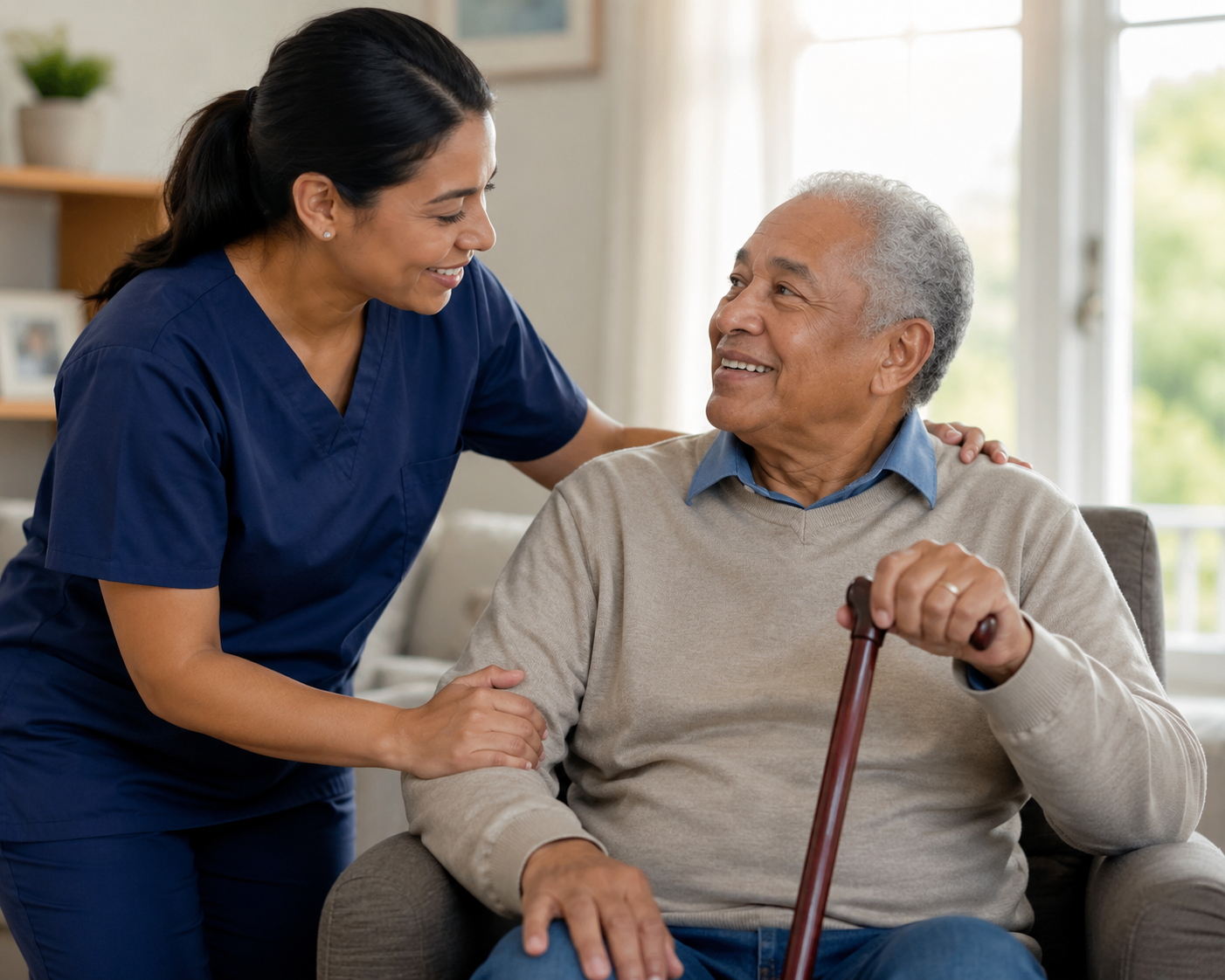 Caregiver and elderly client sharing a warm moment at home